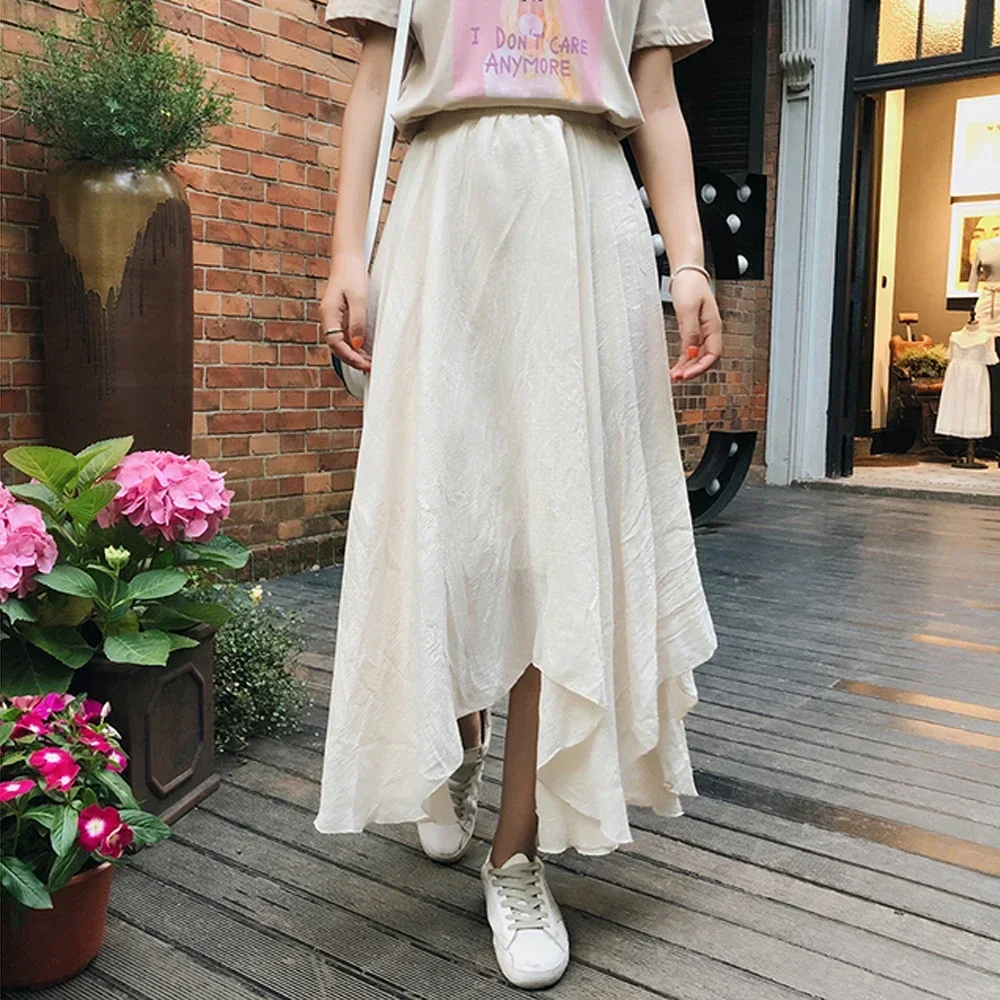 2024 Spring Summer Half-length Dress Linen Cotton High Waist Solid Irregular Large Hem Drop Elegant Mid Length A-line Skirt