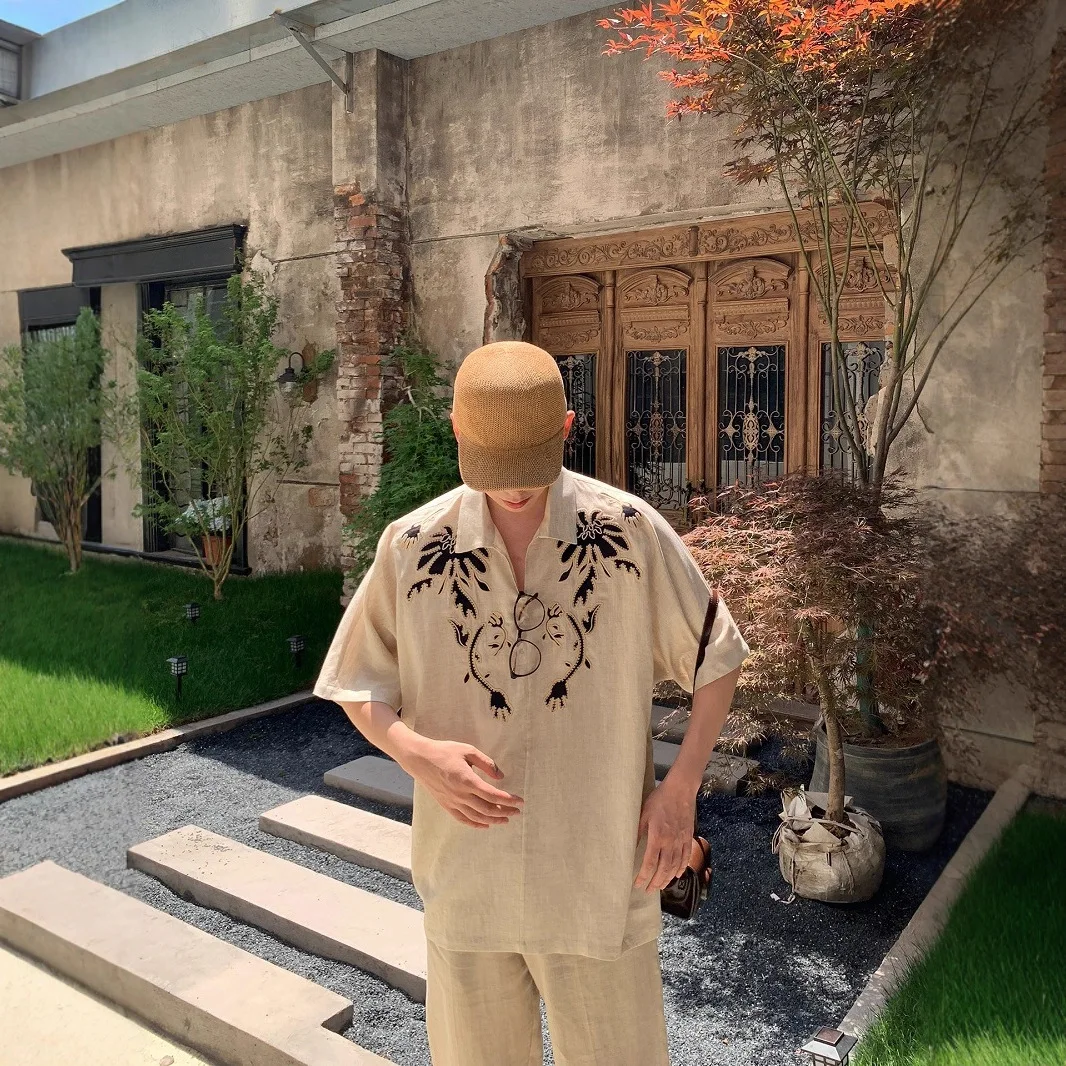 

American Vintage Heavyweight Embroidered Linen Polo Shirt Men Summer Vacation Style Casual Old Money Trend Tops