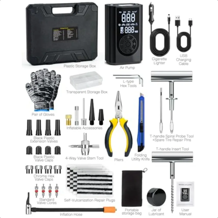 Kit de réparation de pneus avec compresseur d'air Portable, 58 pièces, avec cordl, Iator, 150 PSI, pour voiture, moto, tracteur, camion Ba