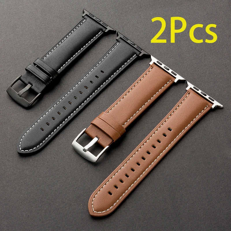 2Pcs Leather Watch Band for Apple Watch Strap 49mm 44mm 45mm 42mm 38mm 40mm 41mm Woman Man Watch for IWatch 9 8 7 6 5 4 3