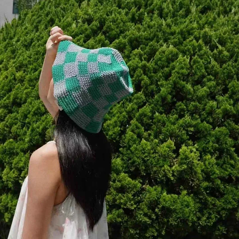 Women Knitted Lattice Fisherman Hat Handmade Crochet Color Matching Basin Hat Spring and Autumn Knitted Sunscreen Sun Hat