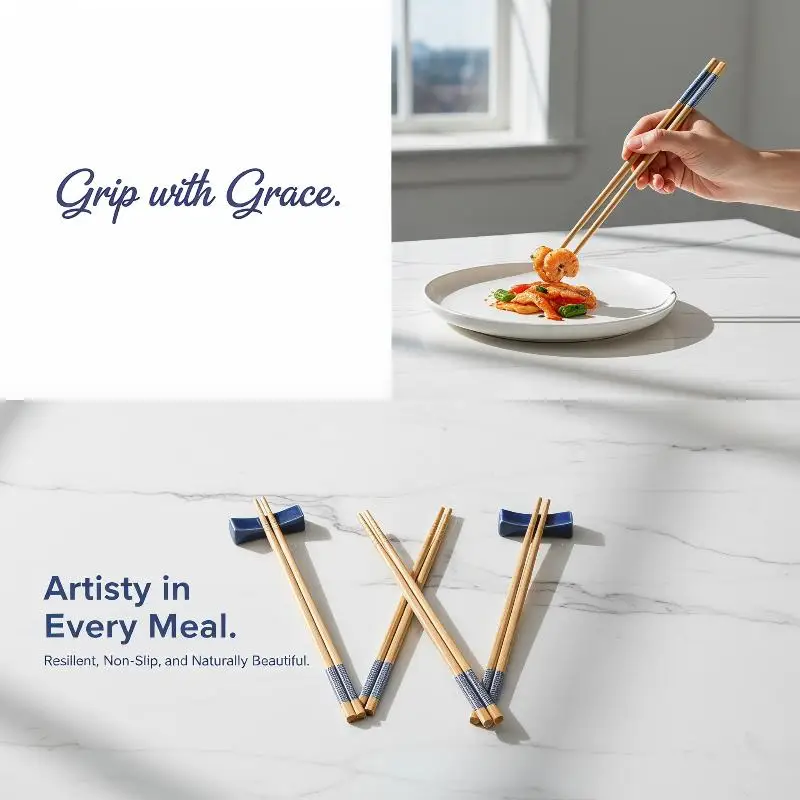 10 Pairs Blue-Edged Reusable Bamboo Chopsticks Non-Slip Smooth Food-Safe for Family Dinner Sushi Catering Use