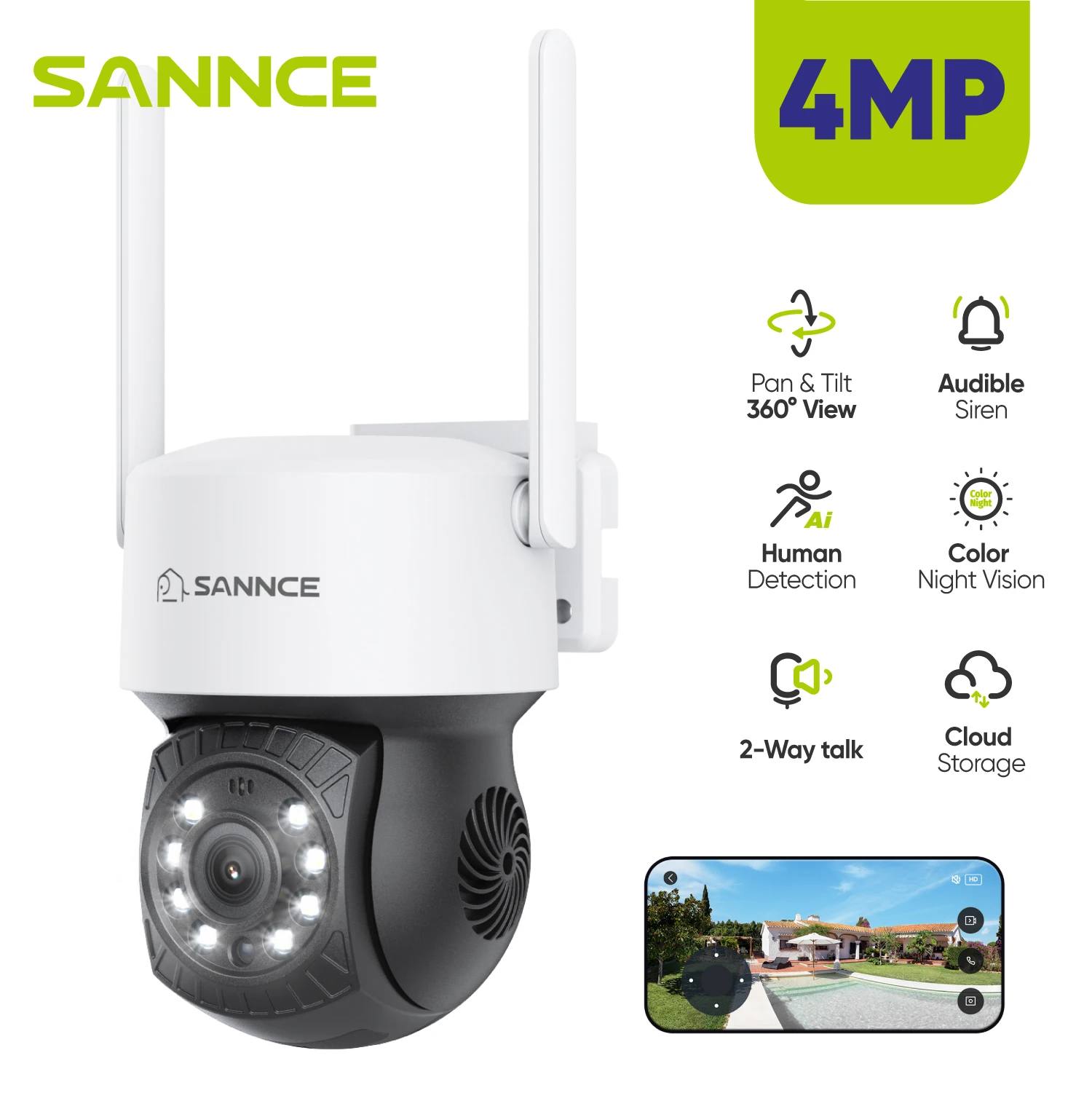 SANNCE 4MP HD Mini Wireless Wi-fi Camera Security Camera 350° IP Outdoor Smart Camera H.265 Audio 2K Security CCTV Camera