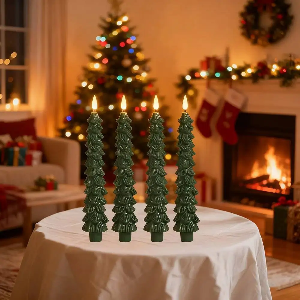 

2Pc/4Pcs Tree Flameless Candles Light With 3D Flame Wick Green Candlesticks Operated For Christmas Home Decor