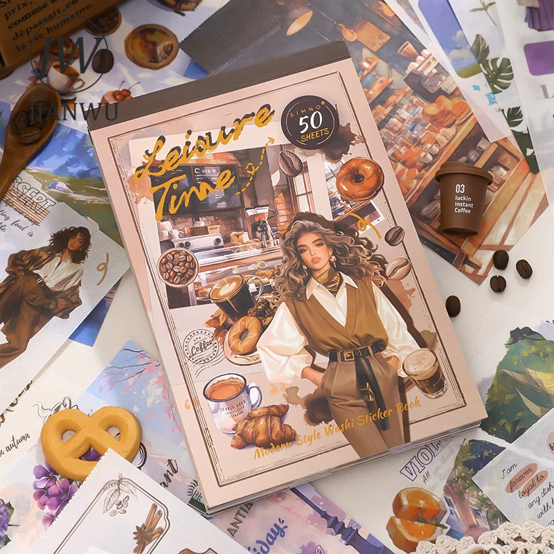 JIANWU Vintage Flower Coffee Character City Life Landscape Material Collage Scrapbook Sticker Book Creative Journal Stationery