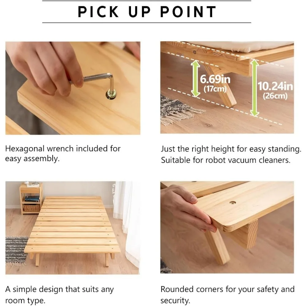 إطار سرير أرضي شرائحي من الخشب قابل للطي OSMOS صنوبر صلب مزدوج (طبيعي للأرض)، سهل التجميع وموفر للمساحة وأرضية قابلة للتخزين من تاتامي