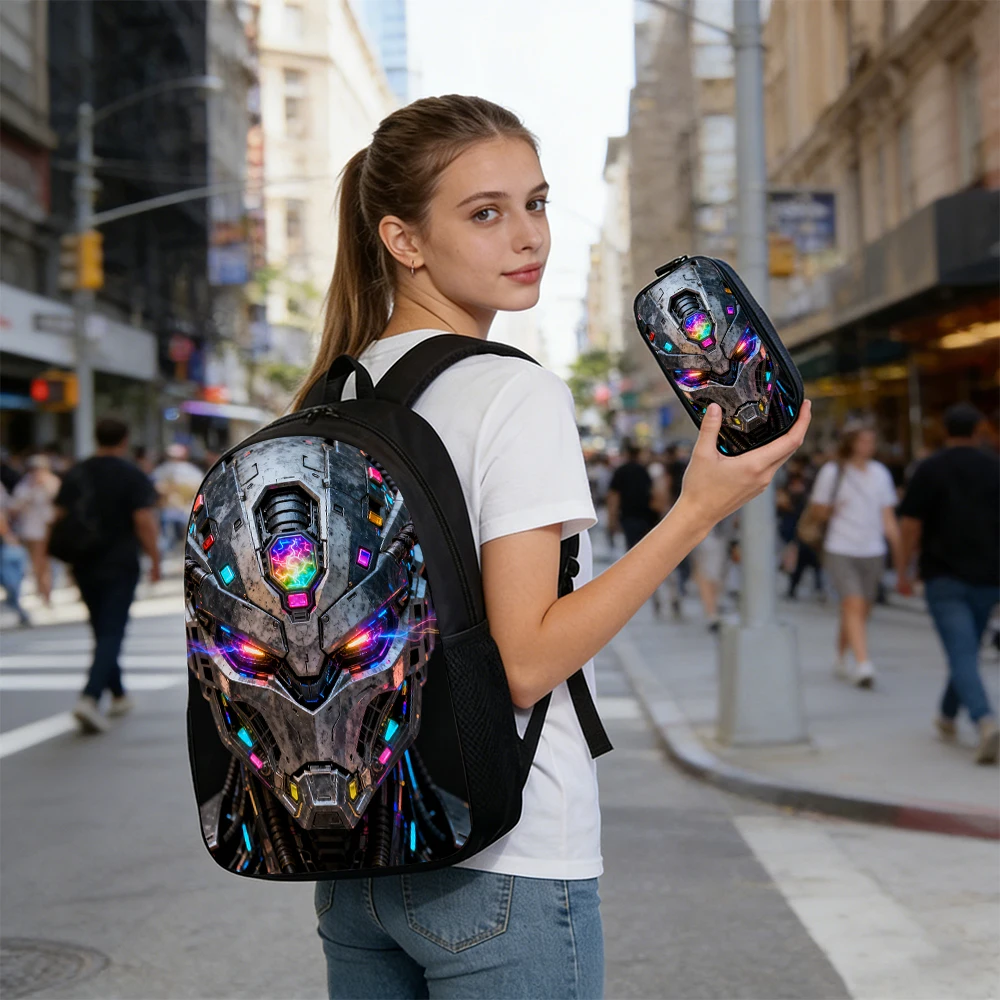 Cartoon robot backpack lifestyle photo student school