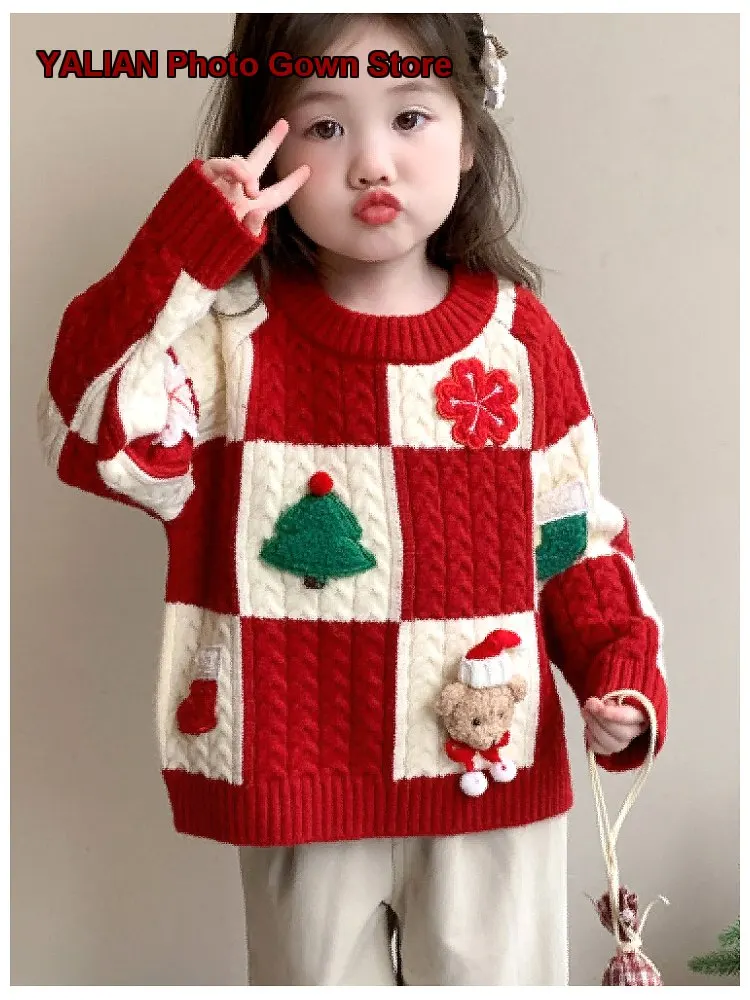 Girls Autumn Winter 2025 Western Style Kids Thickened Festive Sweater Baby Christmas Top