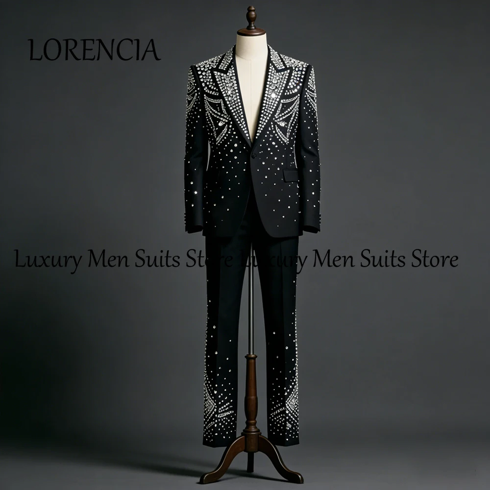 

Glitter Crystal Male Suits 2 Pieces Peaked Label Wedding Tuxedos Set Groom Outfits Customized Blazer Pants traje hombre moderno