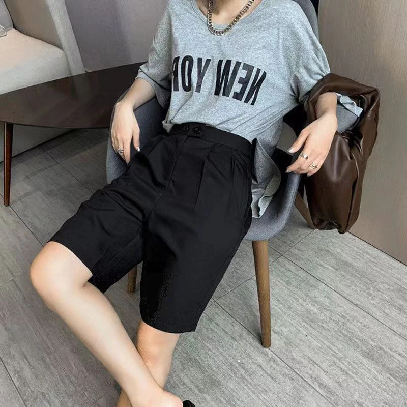 Korean Office Suits Shorts for Women Fashion Double-buttons High Waist Knee-length Pants Woman 2023 Summer Casual Short