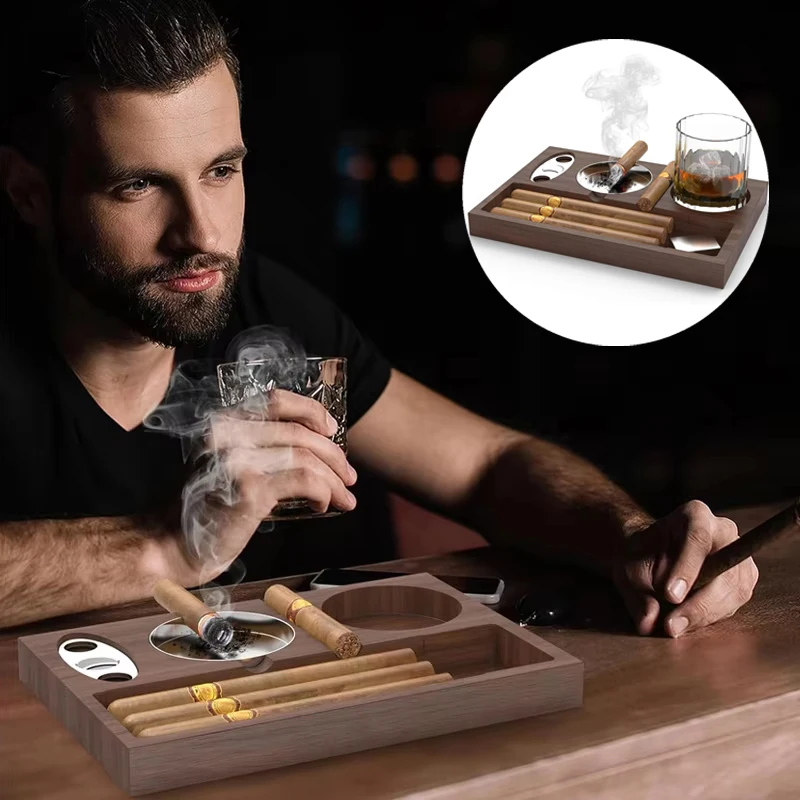 

Wooden Cigar Ashtray with Wine Glass Tray Stainless Steel Cigar Scissors Indoor and Outdoor Home Office Father's Day Gift