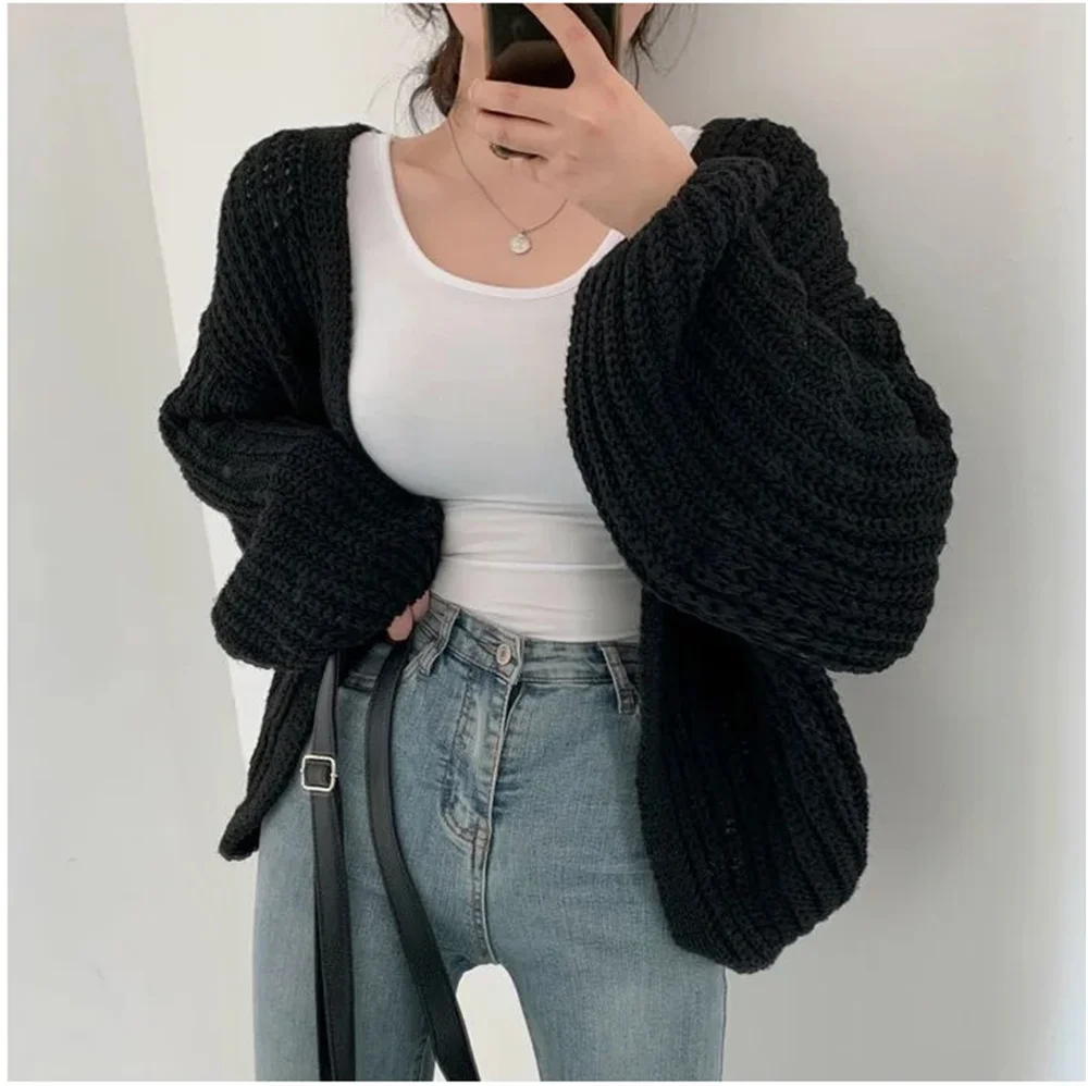 

Women's Vintage Lantern Sleeve Open Stitch Sweater Loose Cardigan Solid Knitted Coat Korean Chic Streetwear Autumn Spring