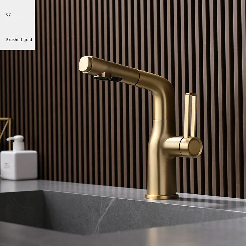 

Tuqiu Brush Gold Bathroom Faucet Gray Pull Out Basin Faucet Cold And Hot Water Mixer Sink Tap Single Handle Deck Mounted Tap