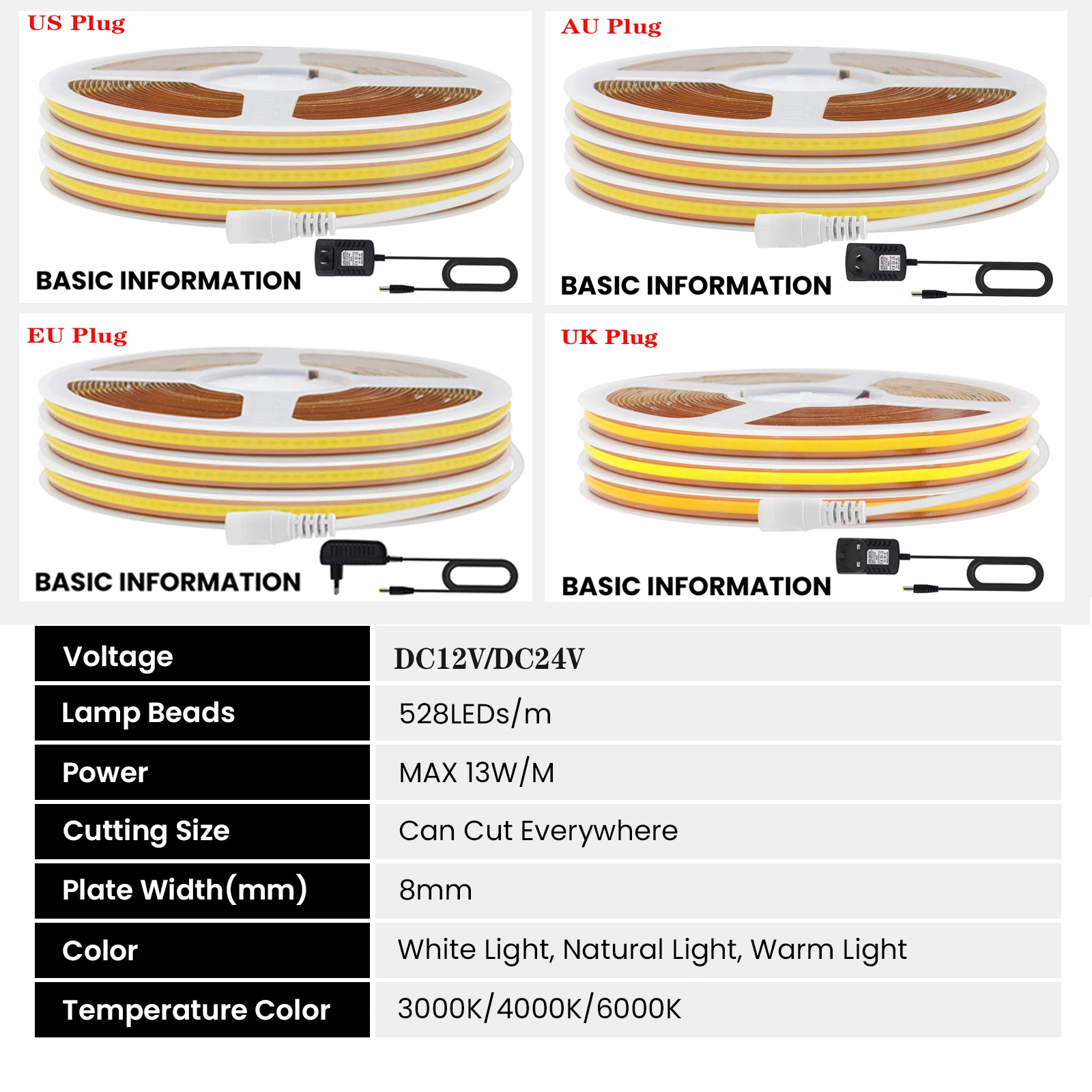 Taśma LED COB DC12V/24V 528 diod LED/m z zasilaczem UE/AU/UK/USA Elastyczne cięcie Wolno liniowy pasek świetlny COB 8MM do dekoracji kuchni