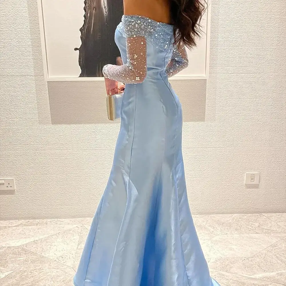 Flavinke Elegante Blauwe Arabische Zeemeermin Avondjurken Voor Vrouwen Huwelijksfeest Lange Mouwen Dubai Formele Prom Vestidos De Noche