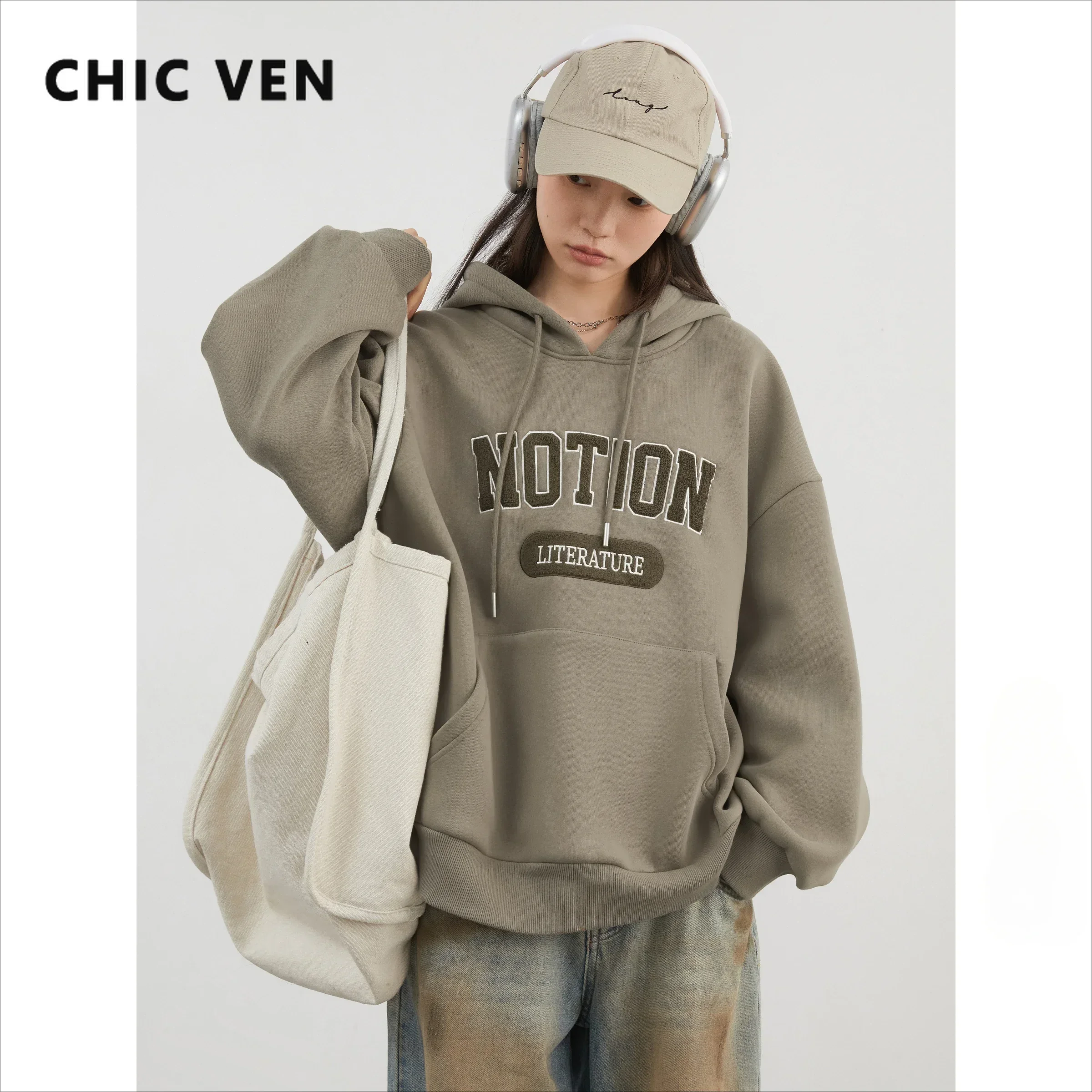 CHIC VEN Women Sweatshirts Loose Casual New Oversized Hooded Letter Patch Hoodie Female Fleece Woman Top Autumn Winter 2024