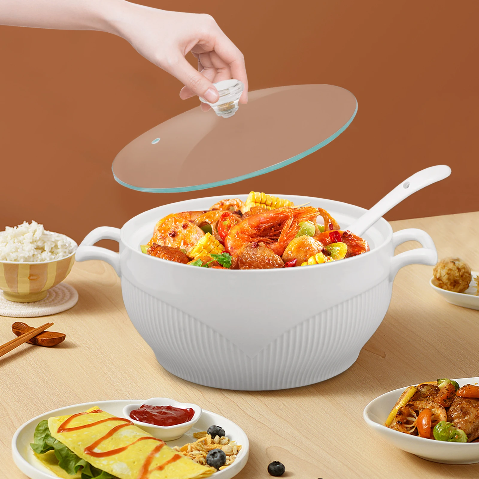

3000ml Round Ceramic Soup Tureen Porcelain Serving Soup Tureen with Practical Soup Ladle Glass Lid All Seasons