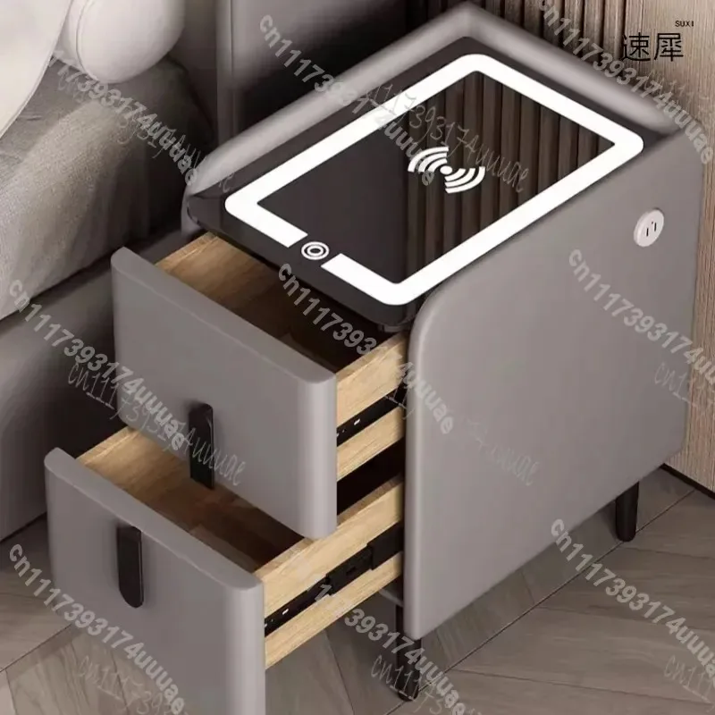 Nordic Smart Bedside Table with Wireless Charging Solid Wood 2 Drawers Nightstand U-Shaped Side Cabinet for Bedroom Storage
