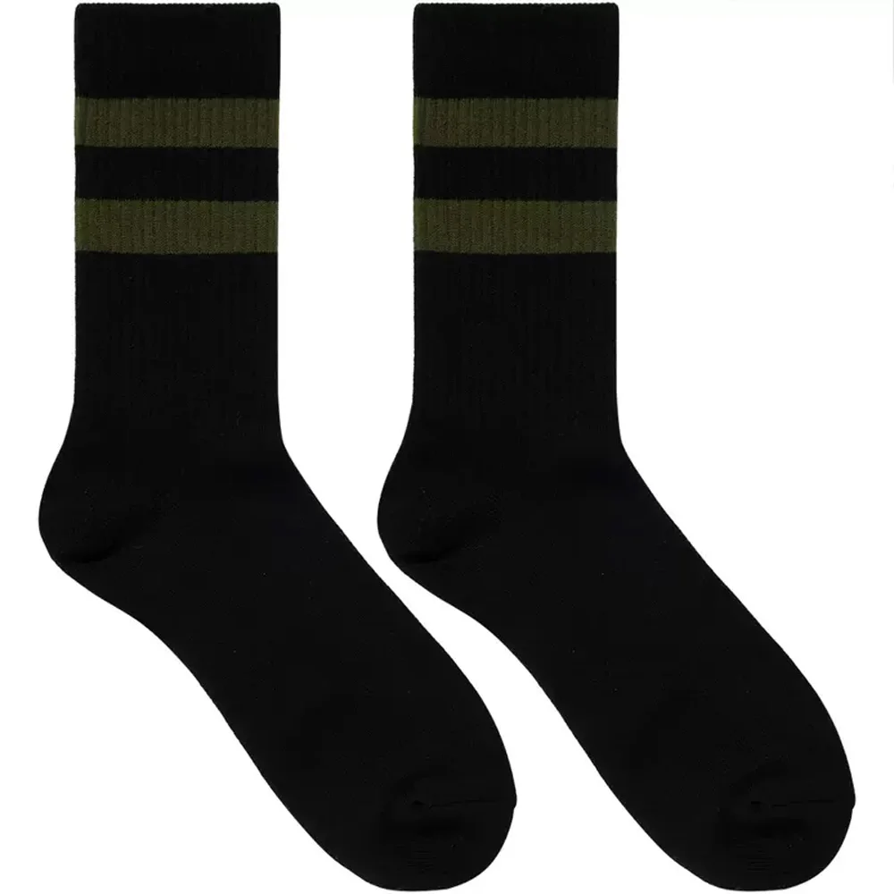 Men's Tall Black Army Green Stripes Two Bars Sports Socks Fitness Wicking Towel Bottom Cotton Socks