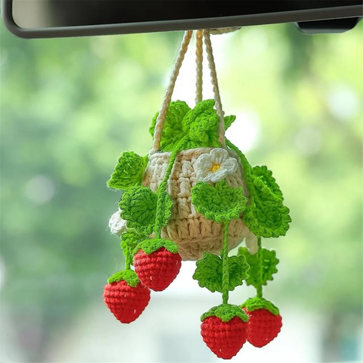 Car Plant Crochet Hanging Basket, Strawberry Plant Pendant, Car Rearview Mirror Ornament Pendant Army Green