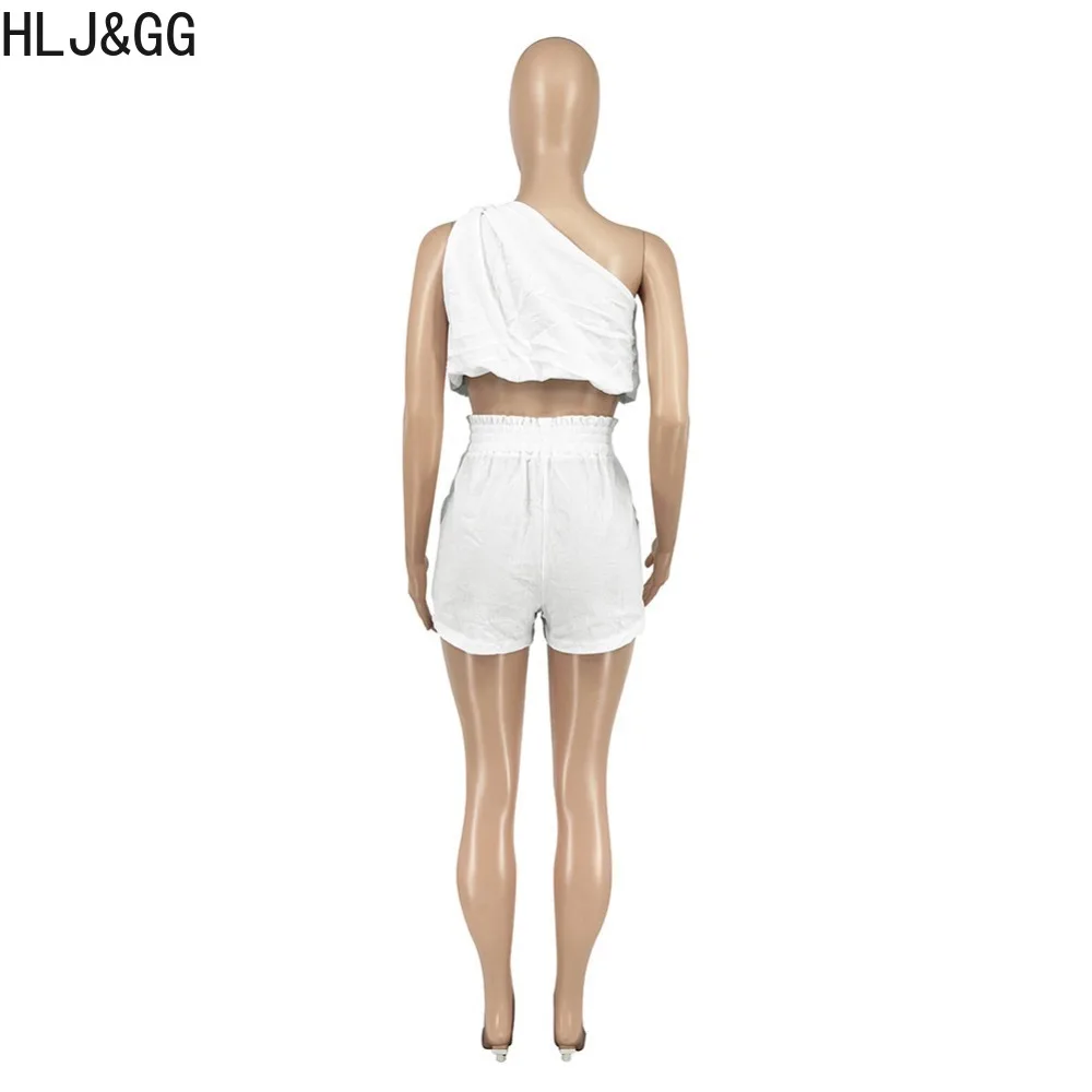 HLJ&GG Elegant Lady Solid One Shoulder Sporty Two Piece Sets Women Sleeveless Crop Top And Shorts Tracksuits Female 2pcs Outfits