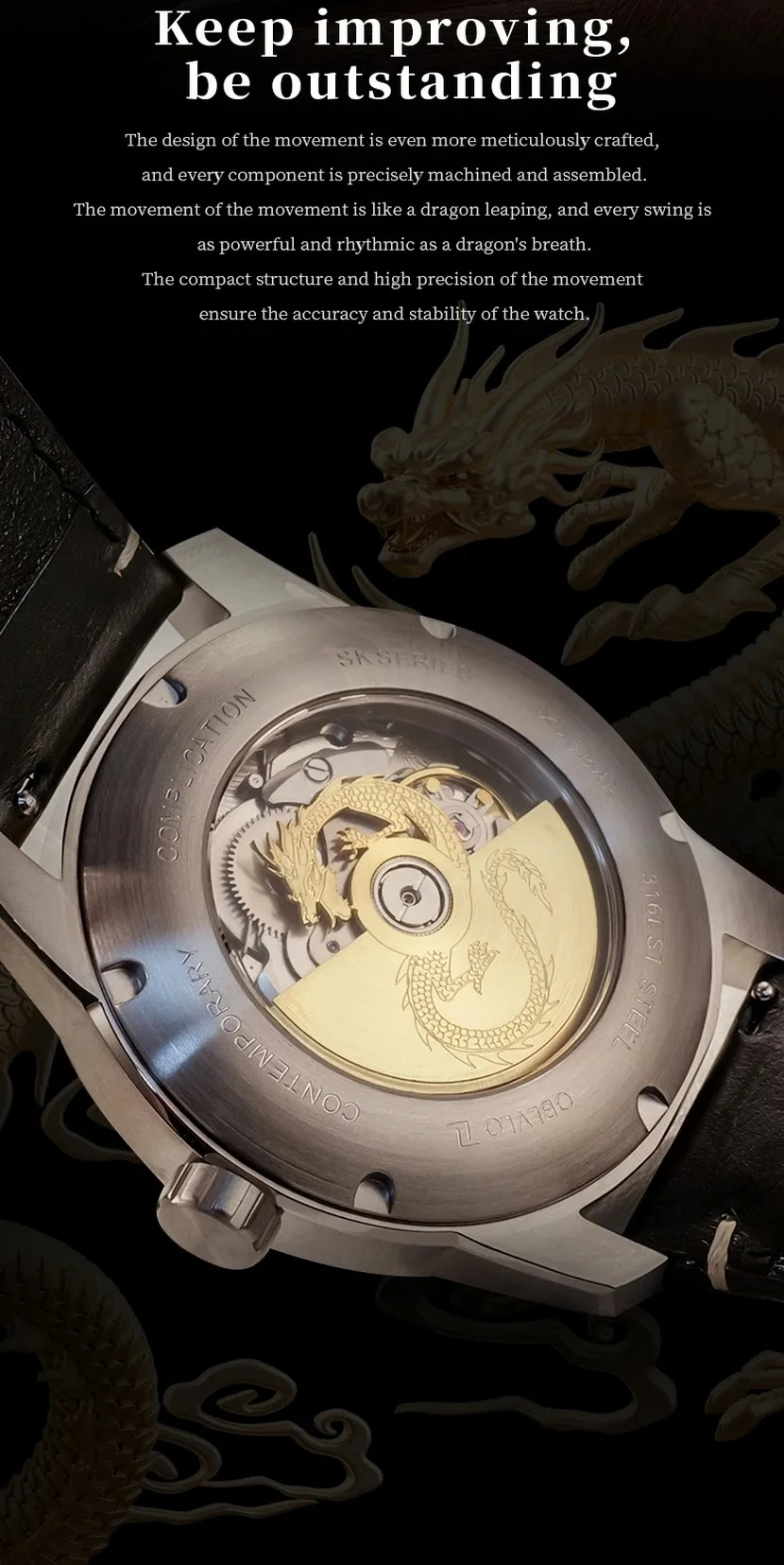 OBLVLO Men Automatic Watch 45MM New Design Mechanical Wristwatch Luminous Dragon Dial Sapphire Mirror 3Bar Waterproof