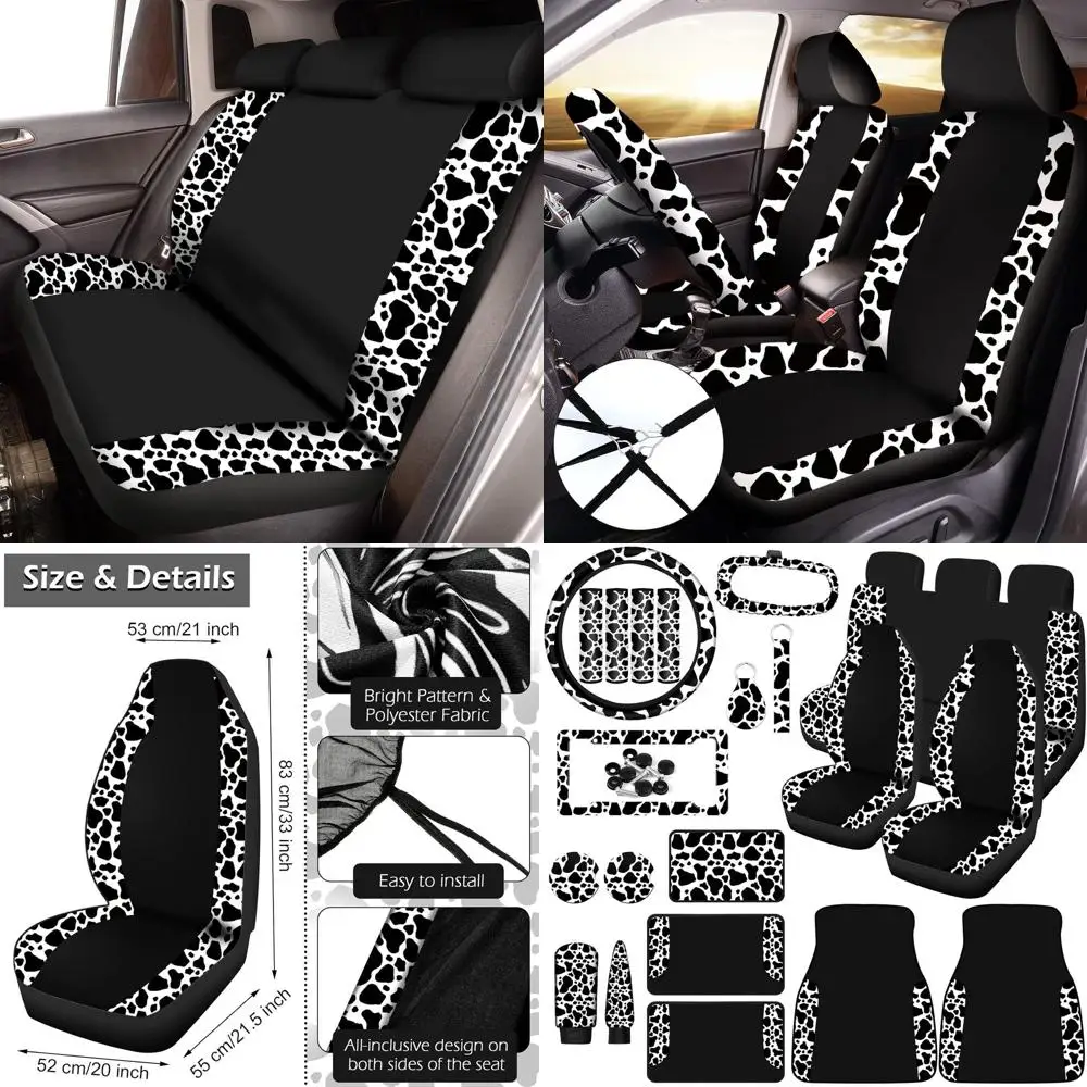 

26 Pcs Cow Print Car Accessories Cow Print Seat Covers Set Steering Wheel Cup Holders Foot Armrest Pads License Plate Seat Belt