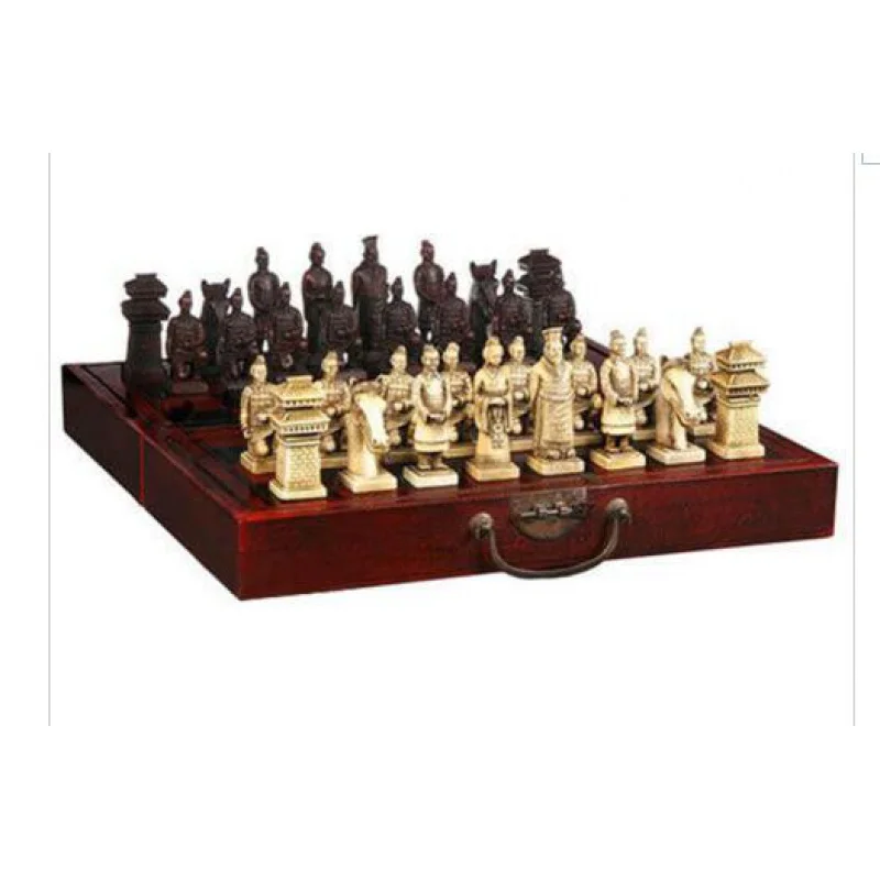 decoration bronze factory Pure Brass Antique (32 Pieces) Classical Wooden Manual Terracotta Warriors Chess , With Red Box