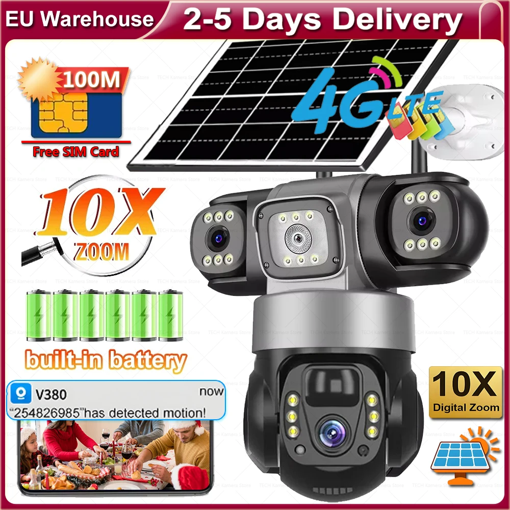 Cámara 4G Cámaras CCTV solares 3 lentes Batería inalámbrica Control remoto PTZ Vigilancia IP Cámaras de vigilancia al aire libre para patio de granja