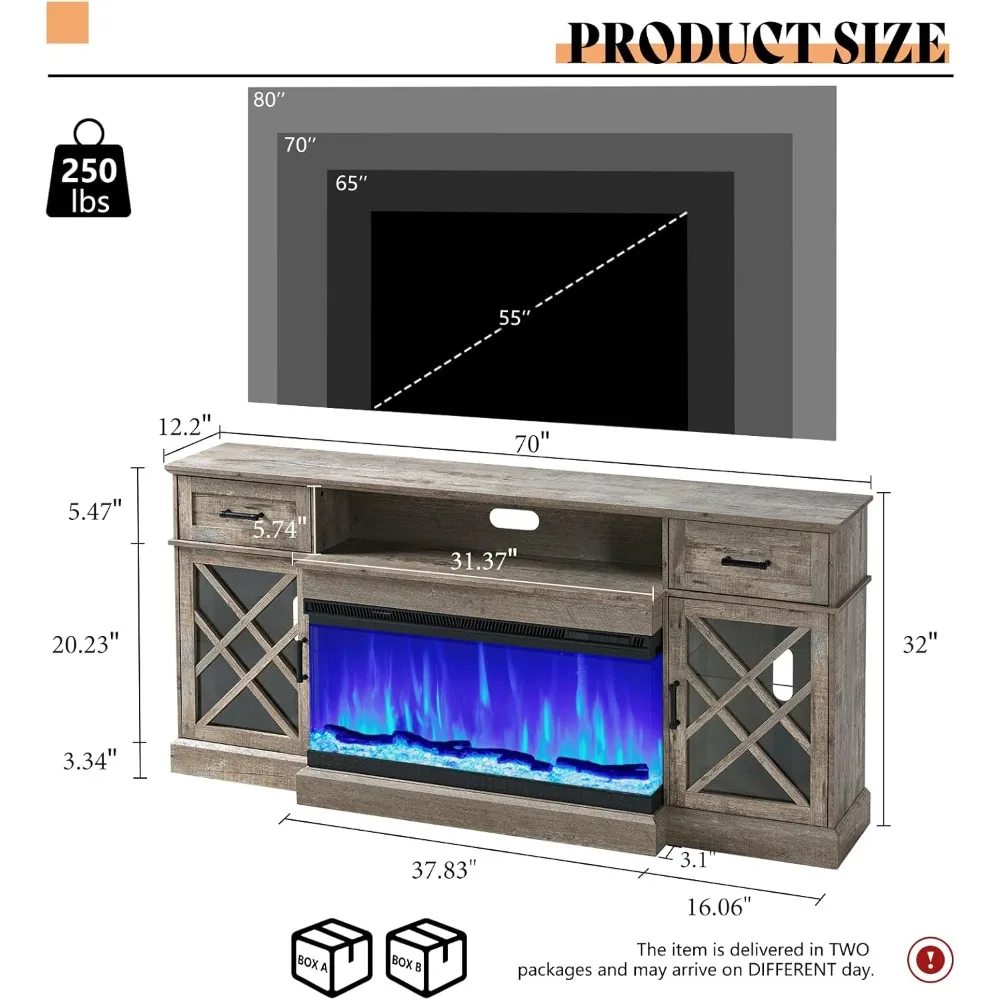 LED Fireplace TV Station, Capable of Accommodating An 80 Inch TV, Rural TV Console with Glass Door Storage in The Living Room