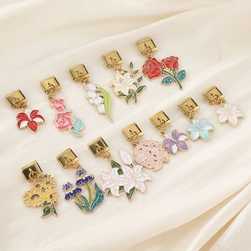 New Vintage Lily Phalaenopsis Hydrangea Pendant Italian Charm Link Stainless Steel Fit 9mm Bracelet Women Men DIY Making Jewelry
