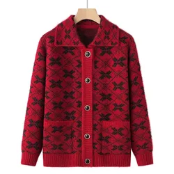 Middle-Aged And Elderly Grandma Wears Lapel Sweater Cardigan Coat Mother Thickens Knitted Coats Autumn And Winter Women Jacket