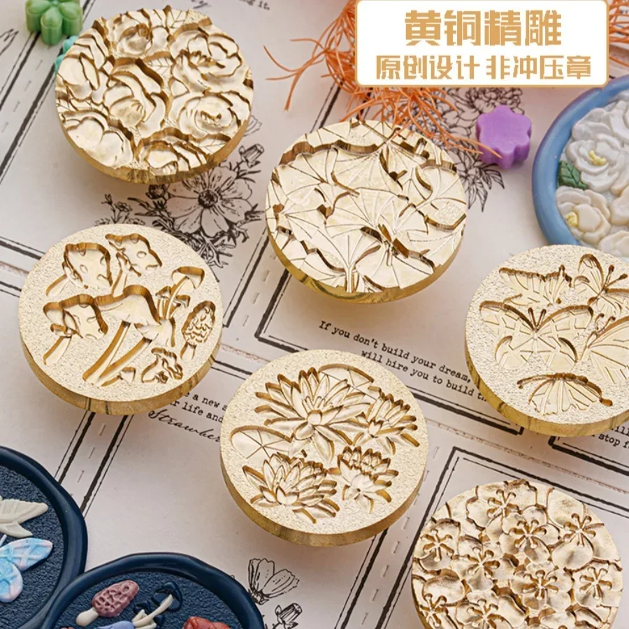 Diy Relief Fire Paint Seal Head Many Series Plants Flower Butterfly Mushroom Hand Ledger Decoration Envelope Invitation Seal Gif