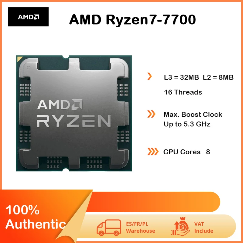 Processeur AMD Ryzen 7 7700 R7 7700 4,5 GHz 8 cœurs 16 threads 5 nm L3 = 32 Mo socket AM5 scellé sans radiateur