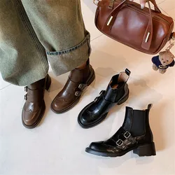 New Autumn Winter Split Leather Women Boots Chelsea Boots for Women Belt Buckle Round Toe Chunky Heel Ladies Shoes Zapatos Mujer