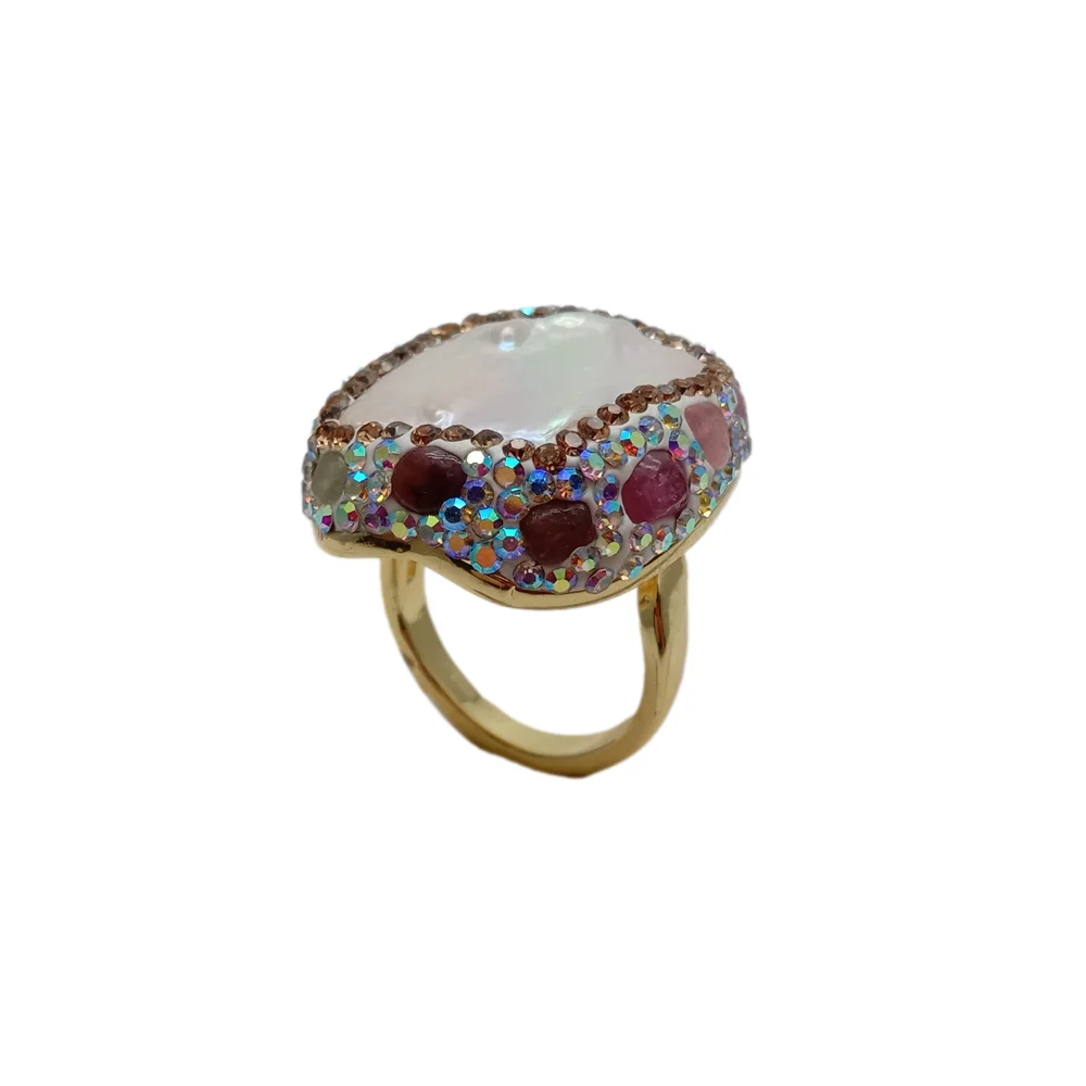 3 PCS Tourmaline cz pave Freshwater White Keshi Pearl gold plated Ring Adjustable Women Wedding Gift
