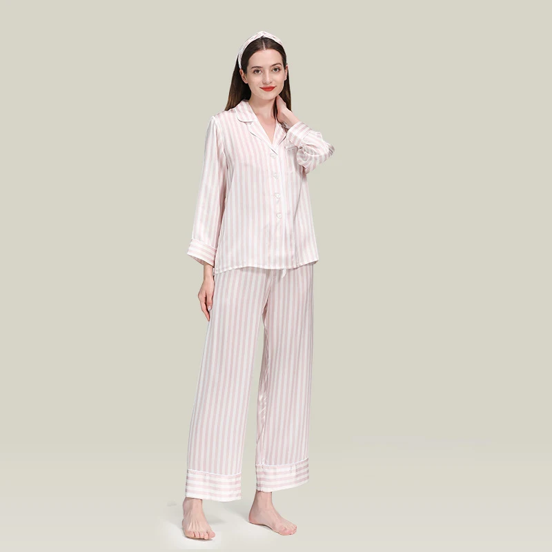 Women's Silk Pajama Set Striped Printed Long Sleeve Pants Two Piece Sleepwear Summer Lounge Wear Korean Style