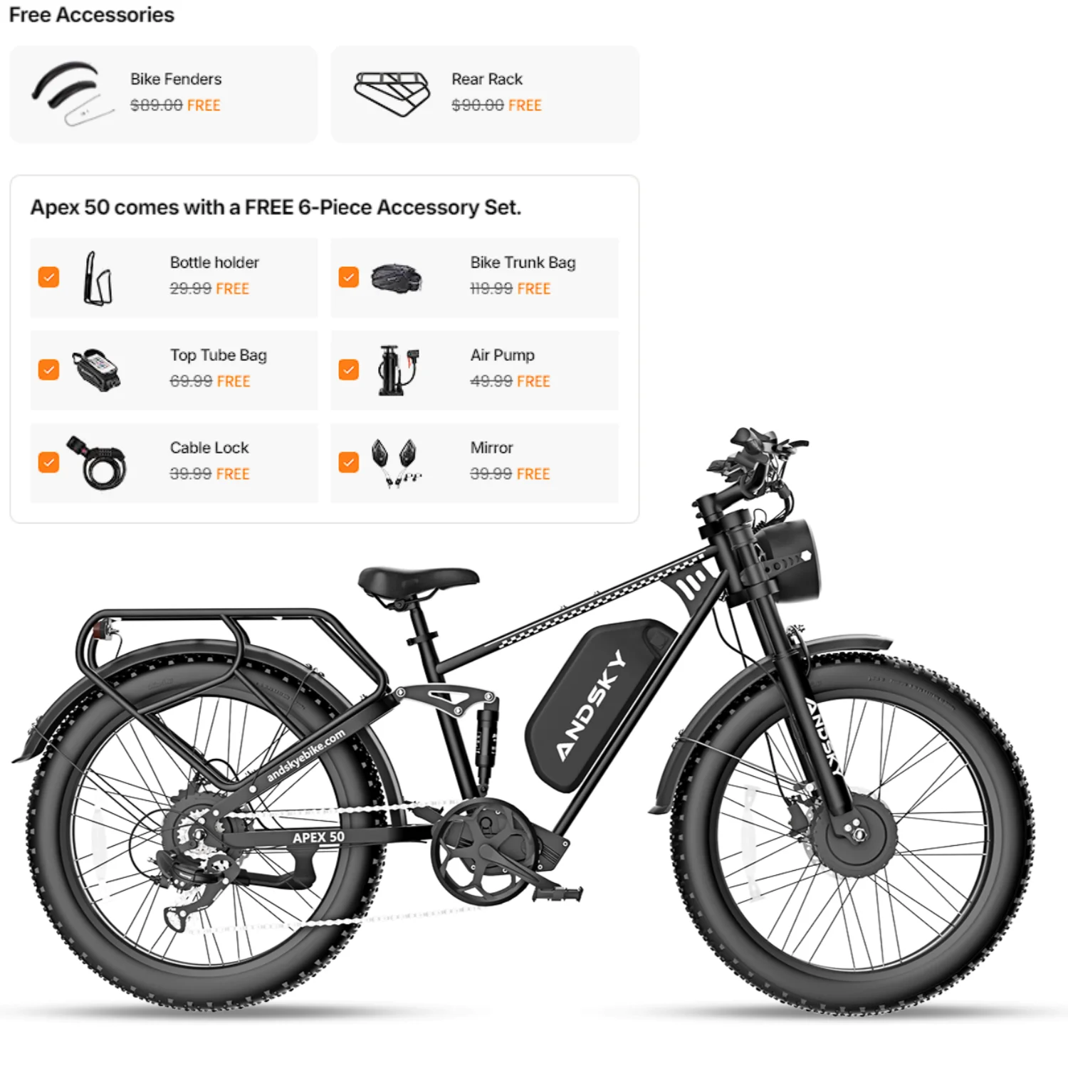 ANDSKY Apex50 AWD Electric Bike 3000W Dual Motor 35MPH 100Miles Long Range 48V/52V 25Ah Removable Battery City Off-Road Electric Bicycle for Adults Full Suspension 26*4 Inch All Terrain Fat Tire E-bike image 9