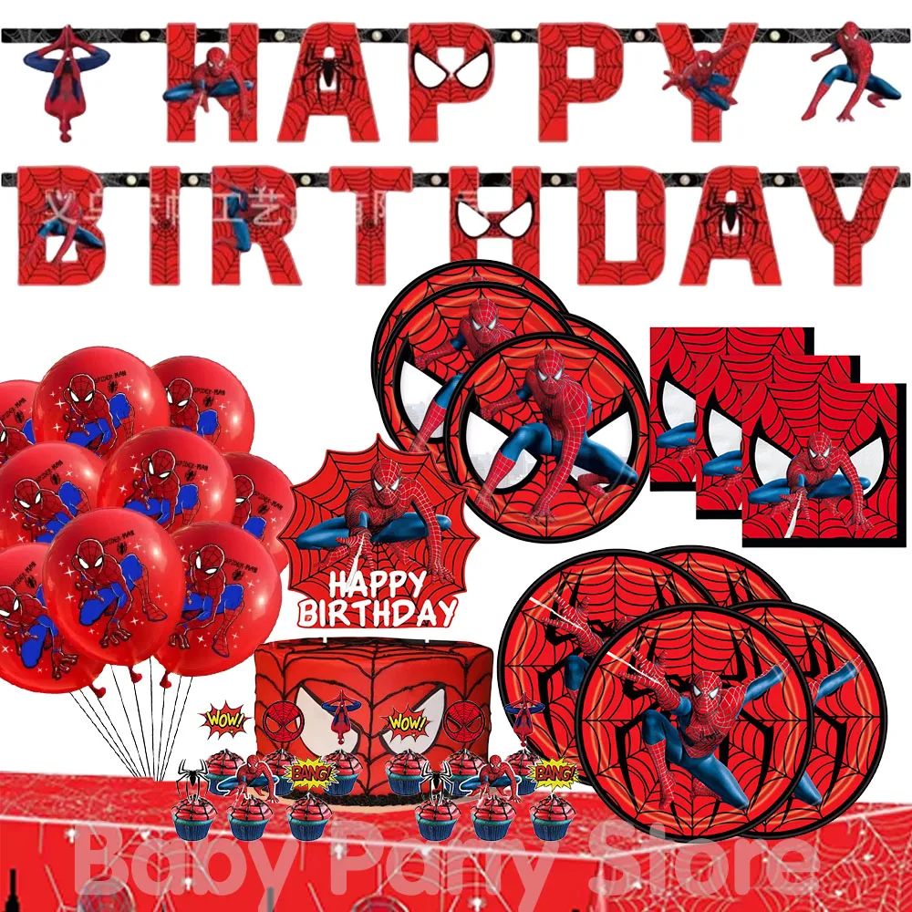 Spiderman fournitures de fête d'anniversaire bannières Spiderman nappe tasse assiette en papier serviettes ballon décoration de gâteau jouet cadeaux