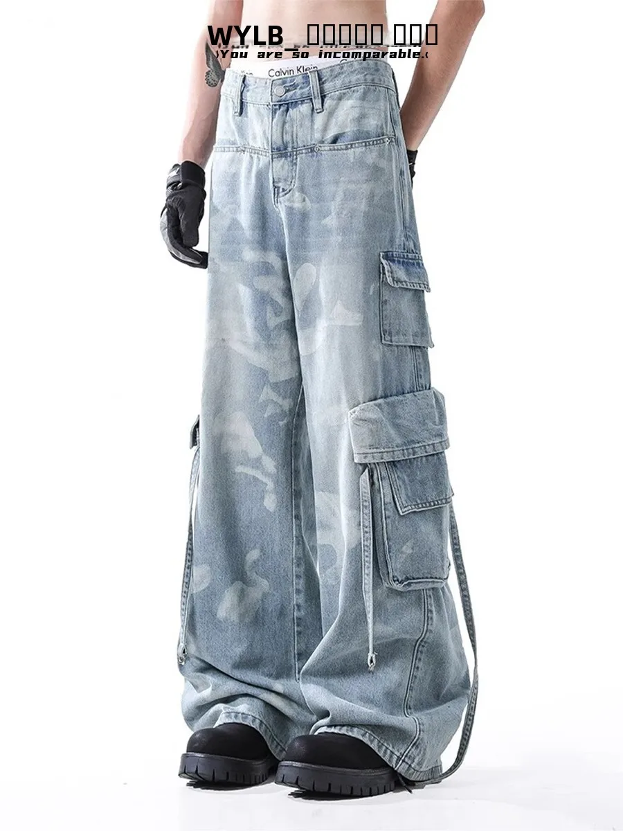 

Джинсы WYLB в американском ретро-стиле с эффектом тай-дай, рабочие брюки, свободные прямые брюки, узкие широкие брюки, длинные брюки, модные повседневные джинсы
