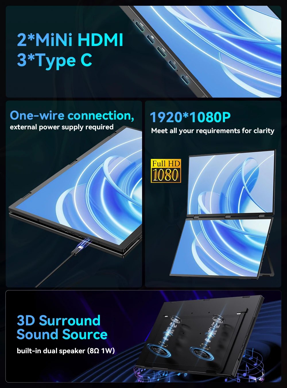 UPERFECT 18" FHD 100Hz Portátil Dual Monitor 100% sRGB HDR 16:9 Viagem Foldable Ajustável PC Gaming Display para Laptop Travel Screen Extender para Windows Mac com Type-C HDMI VESA