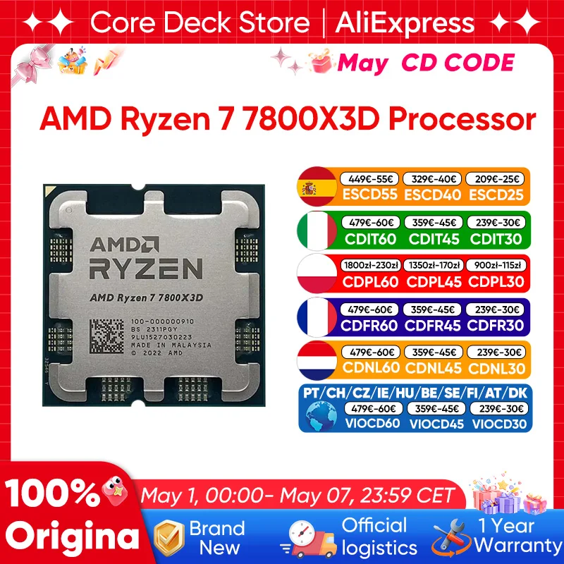 AMD Ryzen 7 7800X3D Processor 8 Core 16 Thread R7 7800X3D CPU 4.2GHz 5NM 96MB 120W Zen4 DDR5 5200MHz Socket AM5 Gaming CPU NoFan