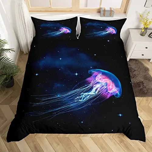 Jellyfish Duvet Cover King Size Starry Galaxy Universe Bedding Set 3pcs Bedroom Decor Fantasy Undersea Creatures Comforter Cover