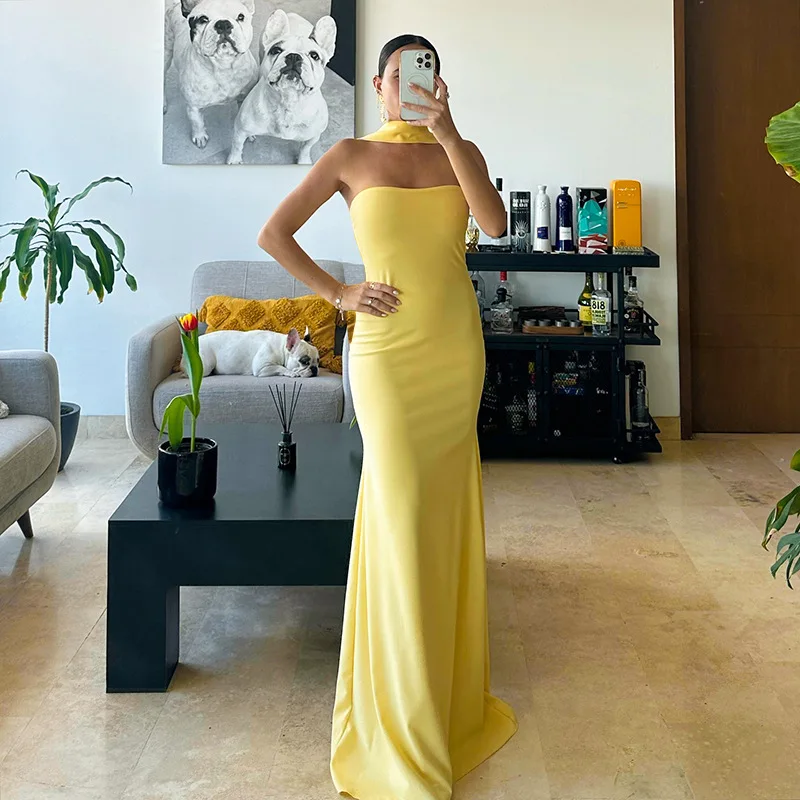 

Elegant Banquet Dress Fashion Slim Solid Color Off Shoulder Halter Neck Package Hip Fishtail Dress Women Summer Party Long Dress