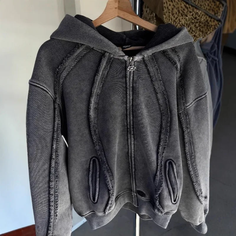 Winter Hiphop Street Jacket Retro Patchwork Hoodie Stitching Line Zipper Hoodies Men Women Harajuku Goth Hooded Sweatshirts Y2k