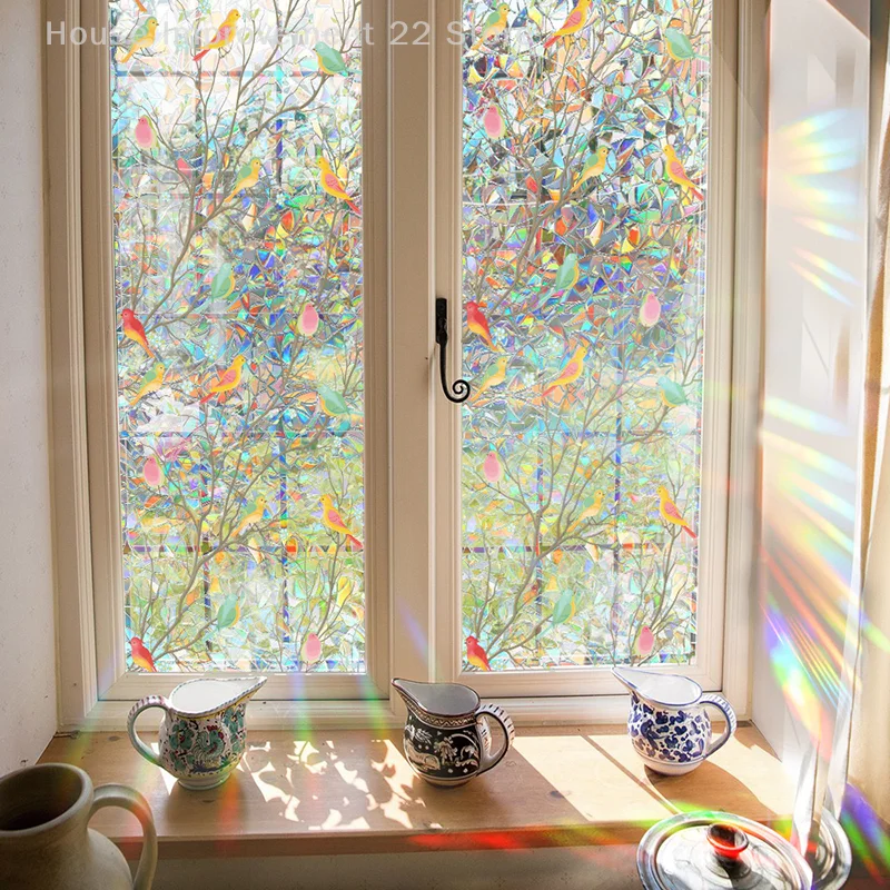 Colorful Rainbow Bird Pattern Prismatic Window Film Reusable No-Adhesive Static Cling Rainbow Sun Catcher Decal For Home Decor