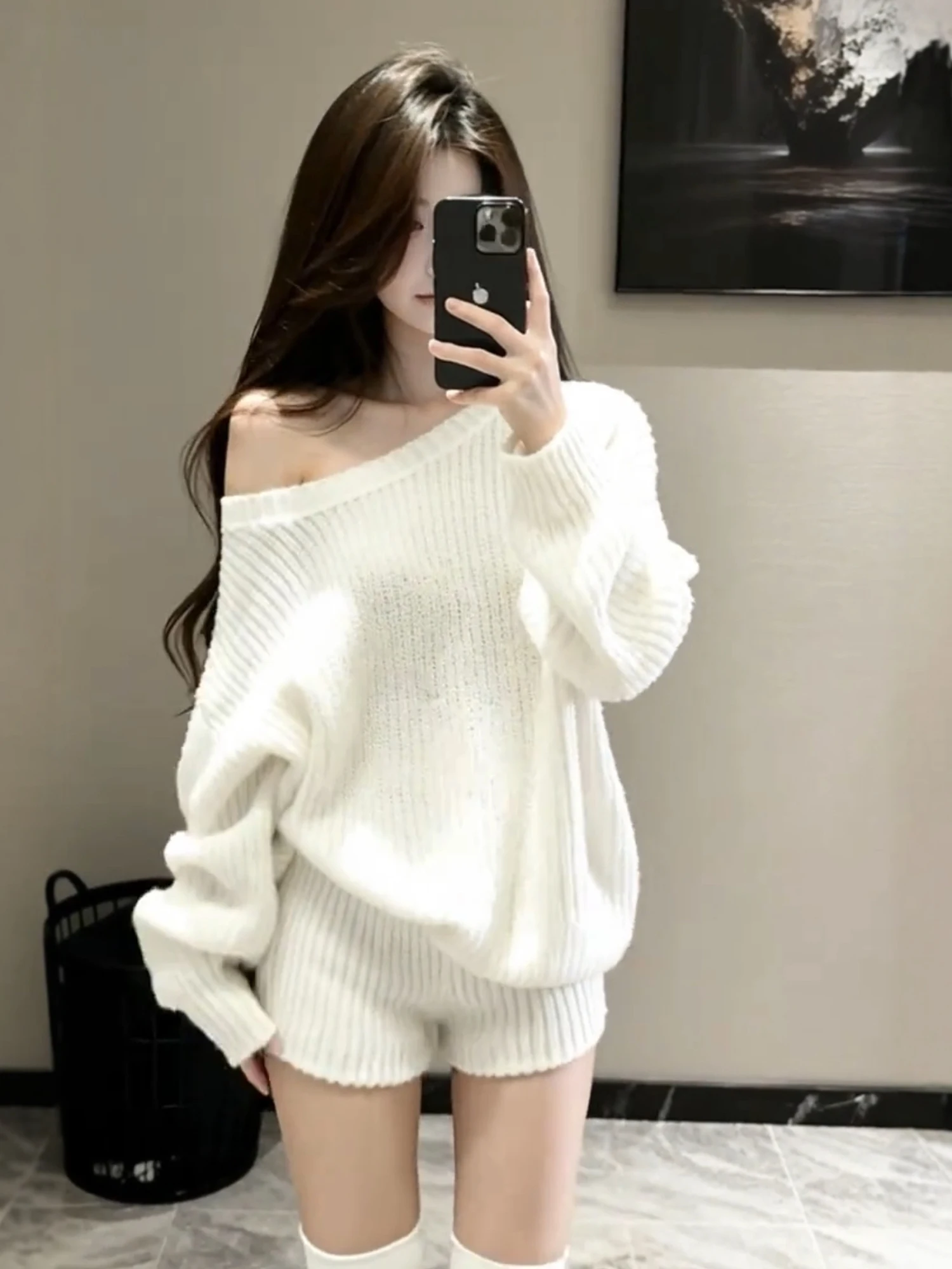 

Slimming Effectiven Knitted Long Sve Lazy Sle oulder off Balance Loose Fit Autumn Winter Women's Faion Set with H...
