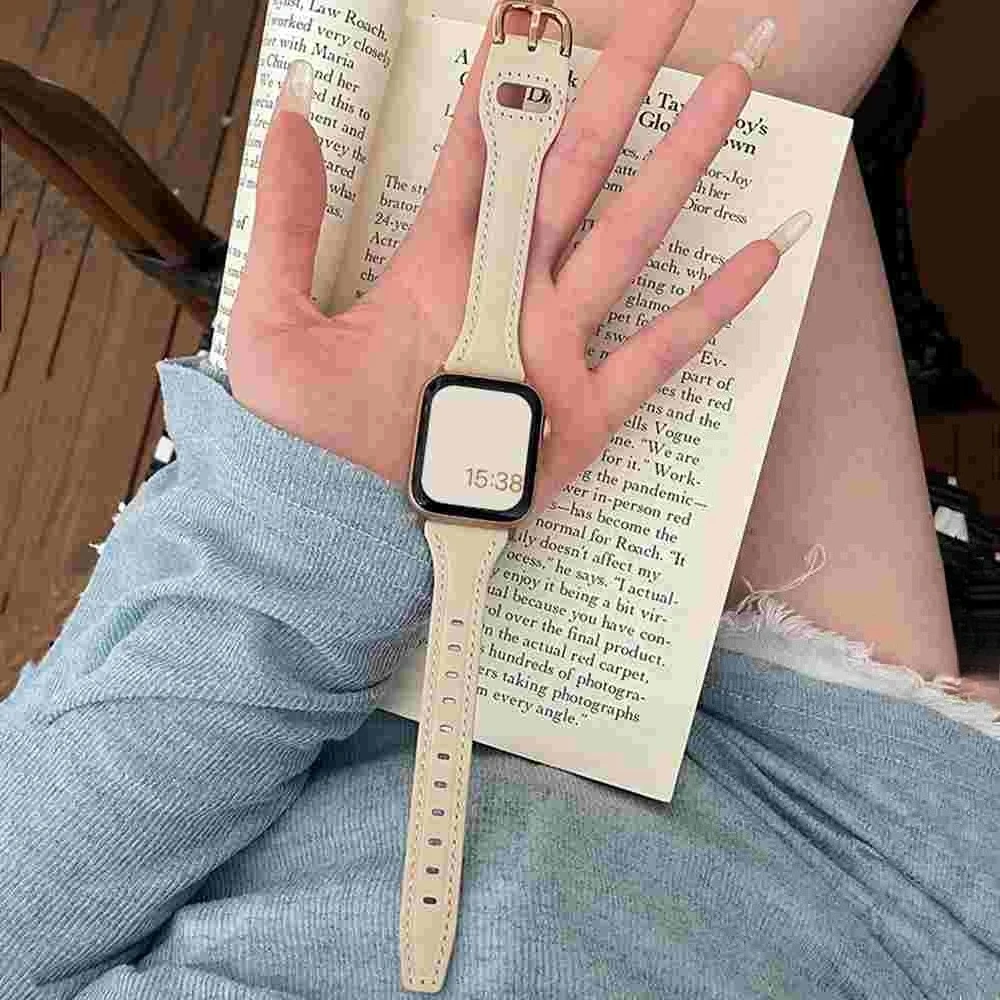 Leather Loop For Apple Watch Band 38mm 40 41 42 44 45 46 Ultra 49mm Slim Women Bracelet iWatch SE 12 11 10 9 8 7 6 5 4 3 Strap