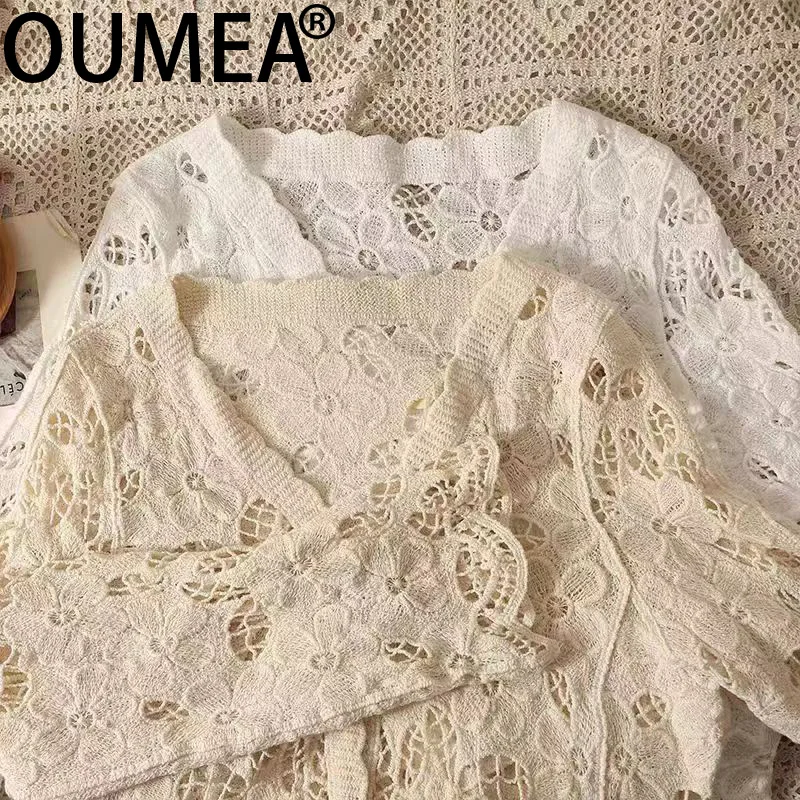 OUMEA Women Crochet Sweater Cardigans Knitting Floral V Neck Beach Cotton Cover Ups Boho Solid Color Long Sleeve Tops