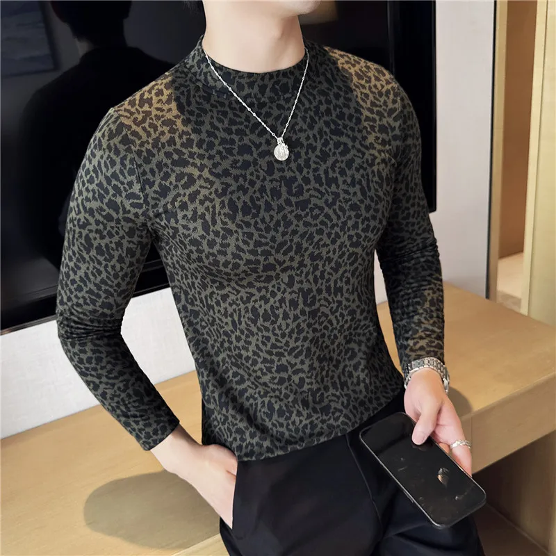 High Stretch Printing T-shirt Long Sleeved 2024 Autumn New Semi High Neck Fashionable Slim Fit Leopard Print Tee Men Clothing